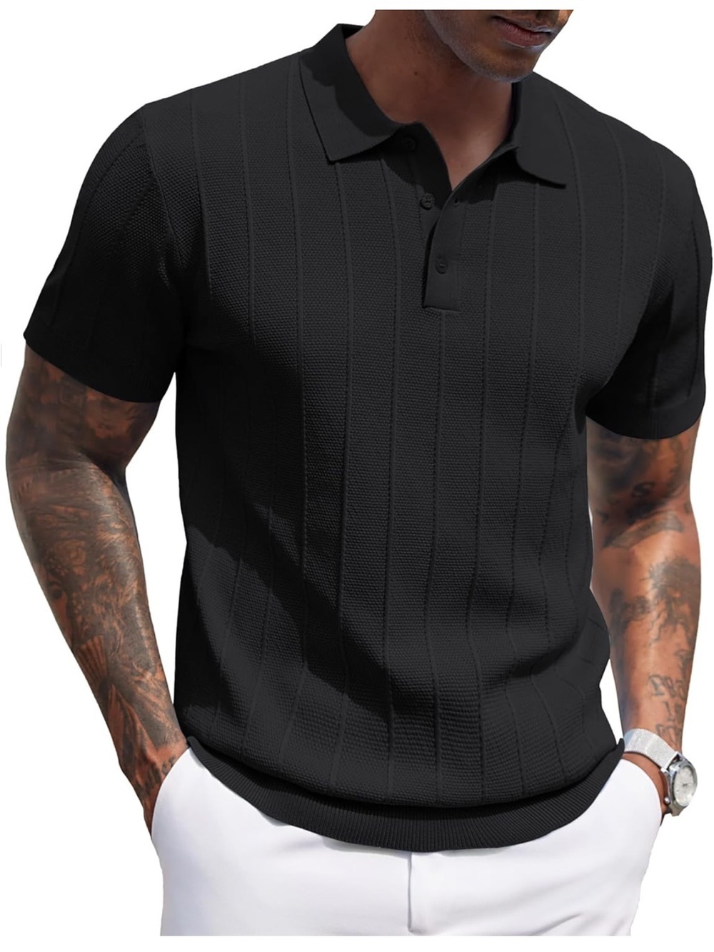 Coofandy Ribbed Short-Sleeve Knit Polo Shirt Black - Picture 13 of 16